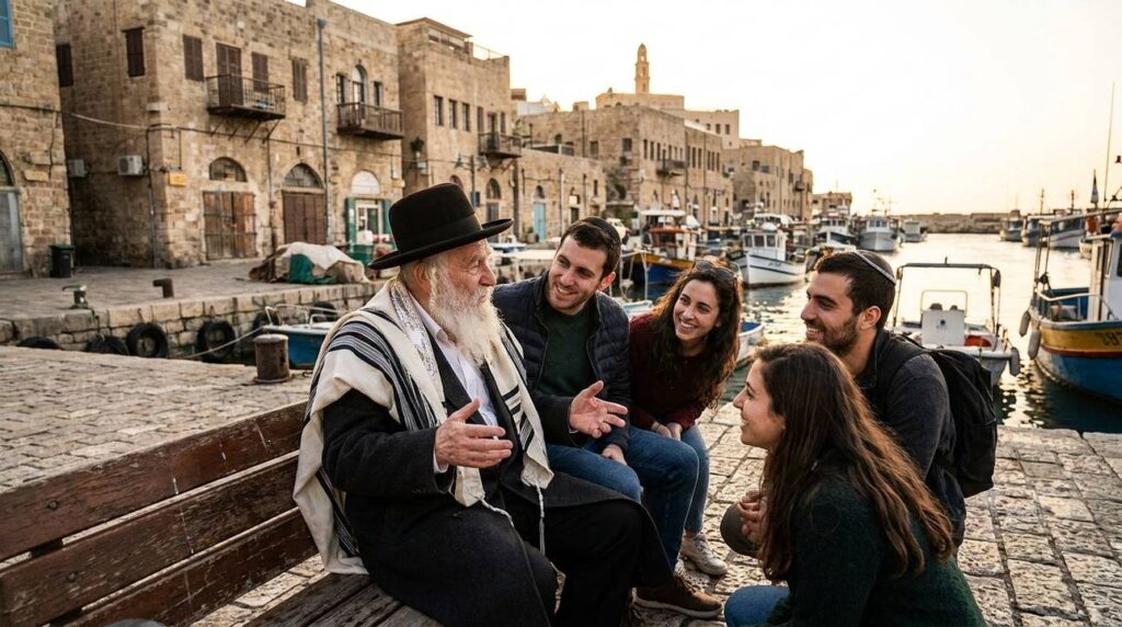 Elderly man in traditional Jewish attire storytelling at Jaffa port.