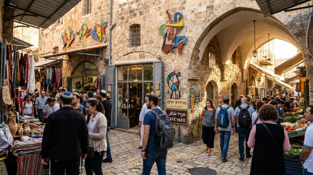 Historic Jaffa street scene with modern art, market, and menorah.
