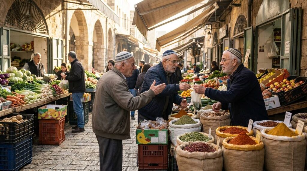 Elderly men in kipas exchanging goods at Jaffa food market.