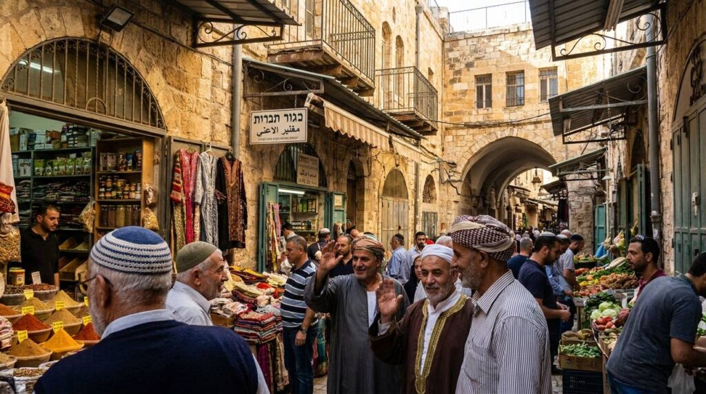 Busy Jerusalem market street with diverse crowd and historic buildings.