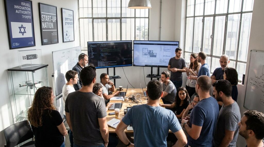 Diverse group collaborates in high-tech Israeli workspace with digital screens.