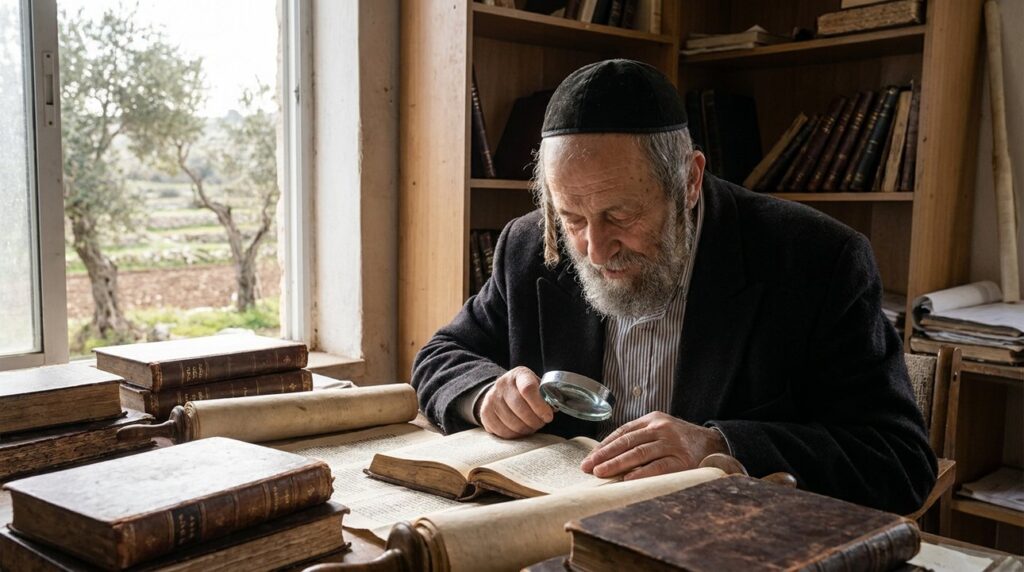 Elderly Jewish man in kippah reading texts in rustic study room.