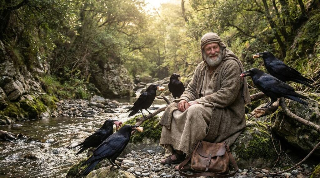 Elderly, bearded man in robes sitting by a brook with ravens.
