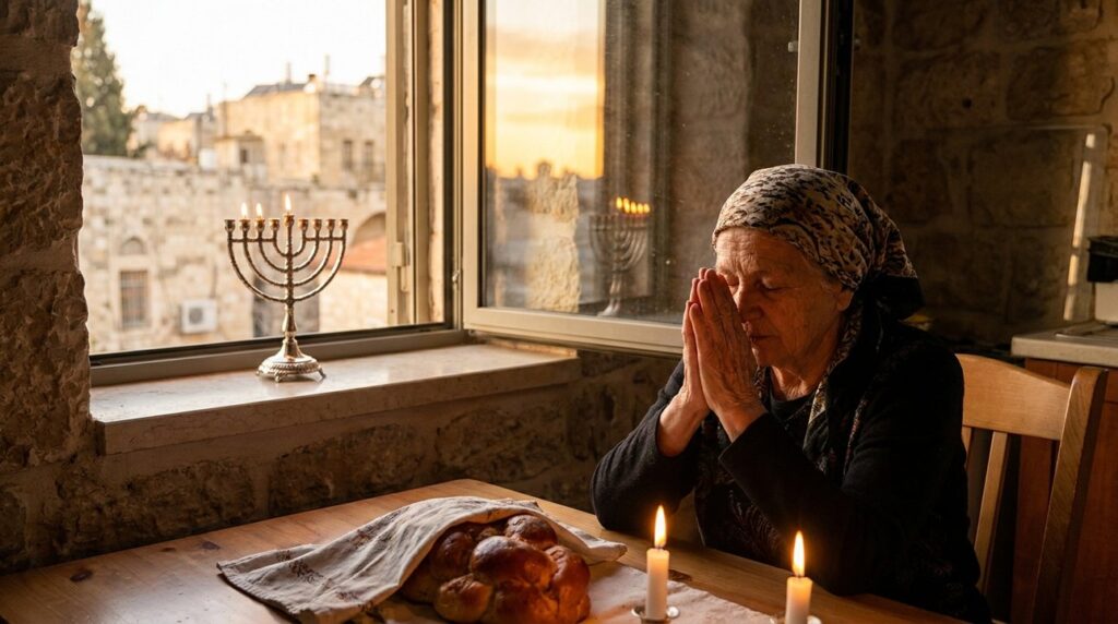 Elderly woman praying at Shabbat table with menorah behind her.