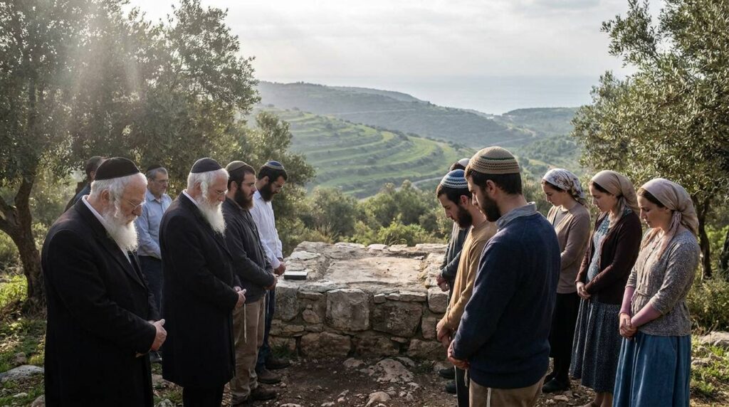 Group of people in traditional Jewish attire praying at Mount Carmel.