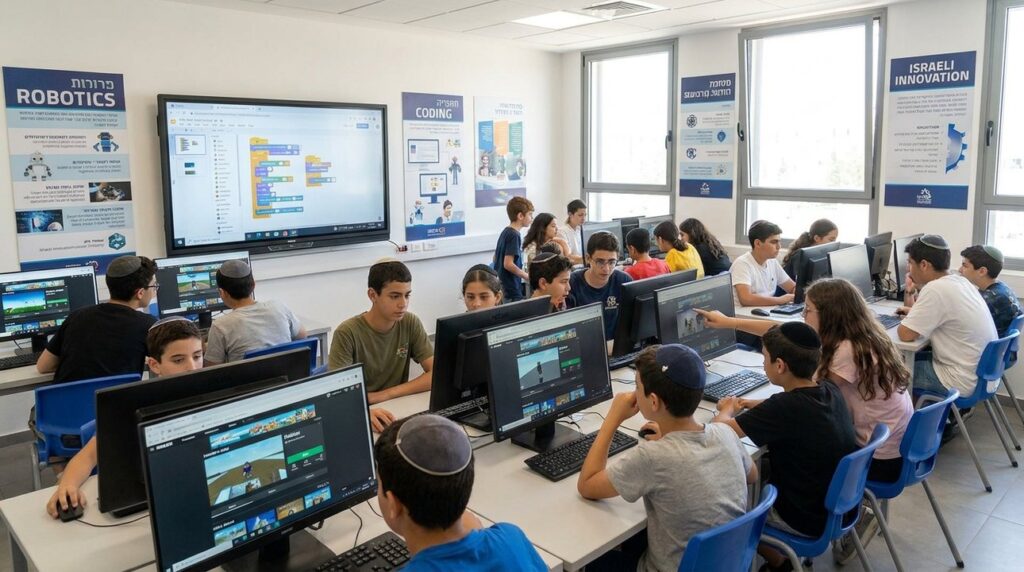 Israeli students in classroom using computers for Roblox, some wearing kipas.