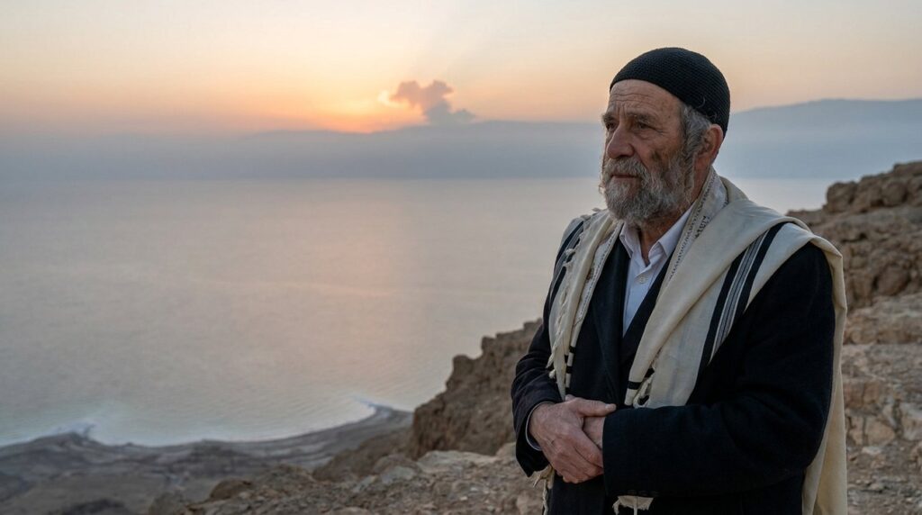 Elderly Jewish man in traditional attire overlooks the Dead Sea at dawn.
