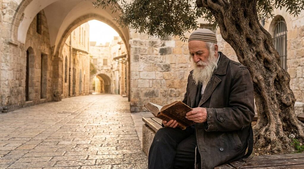 Elderly man with kipa reading beside olive tree in Jerusalem.