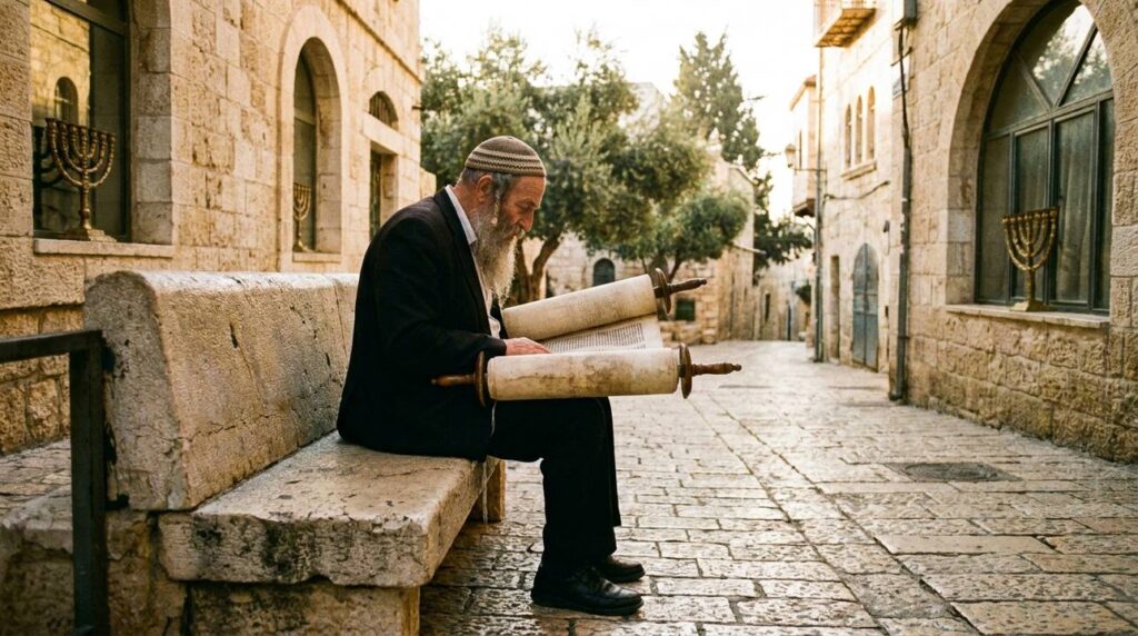 Elderly Jewish man in Jerusalem reading Torah on tranquil street.