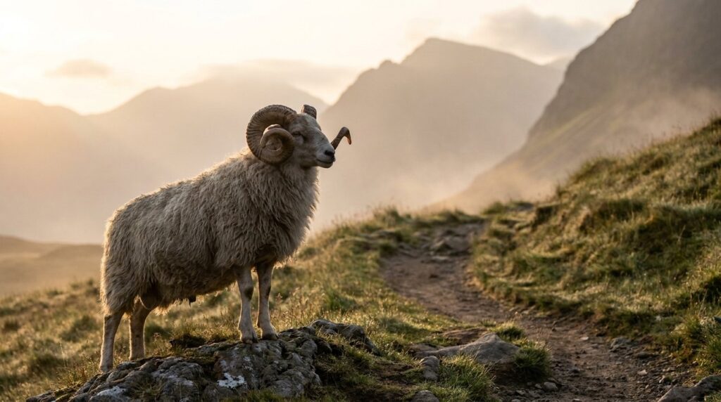 Ram with large horns stands on a hill at sunrise.