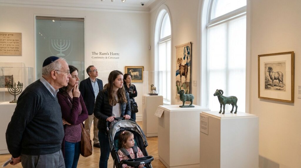 Visitors observe ram-themed artworks at the Jewish Museum in New York.