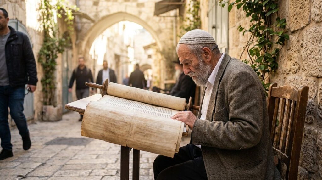Elderly Jewish man in Jerusalem reading Torah scroll in alley.