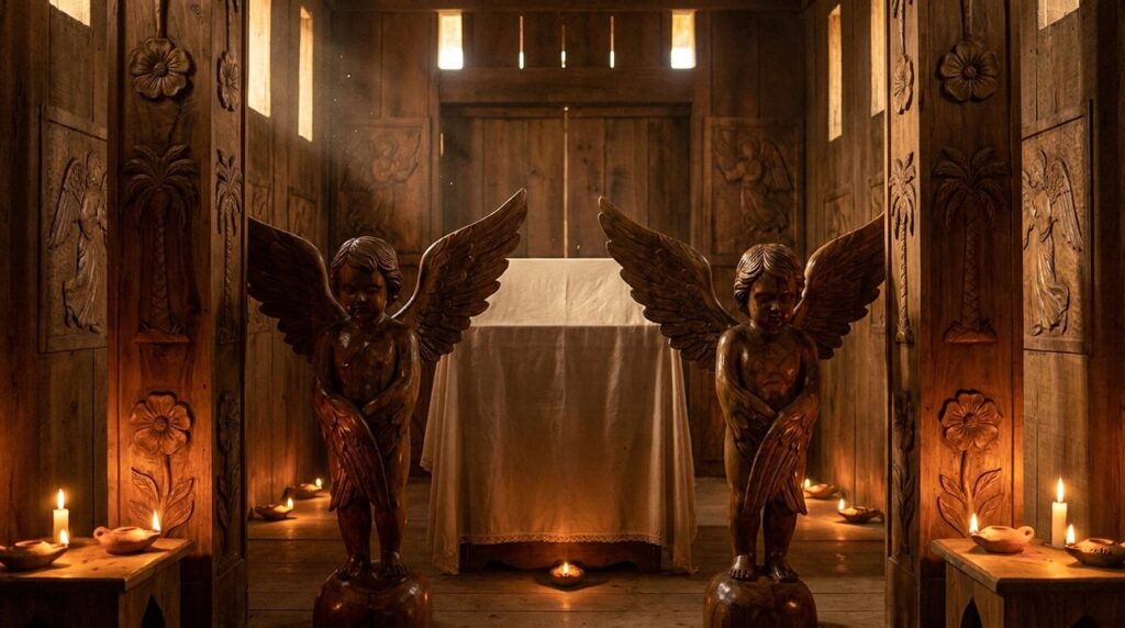Interior of Solomon's Temple replica with detailed cherub carvings in soft golden light.