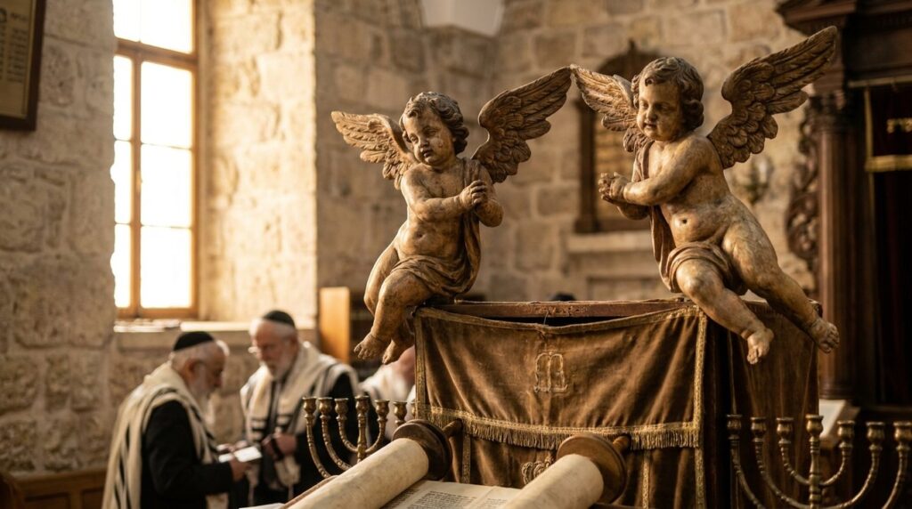 Cherubic figures integrated in Jewish sanctuary architecture, bathed in morning light.