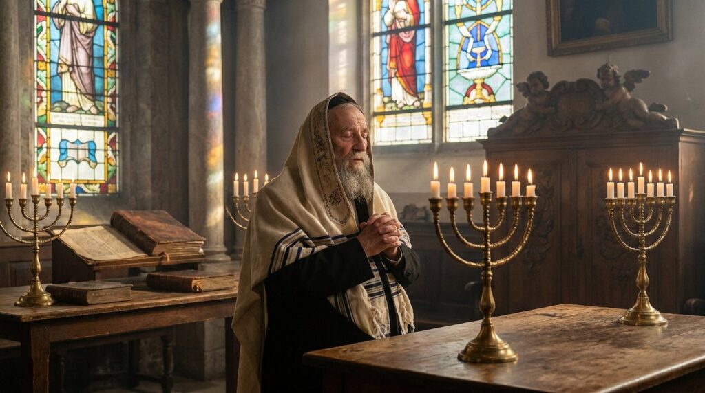 Elderly Jewish man praying in synagogue beside glowing menorahs.