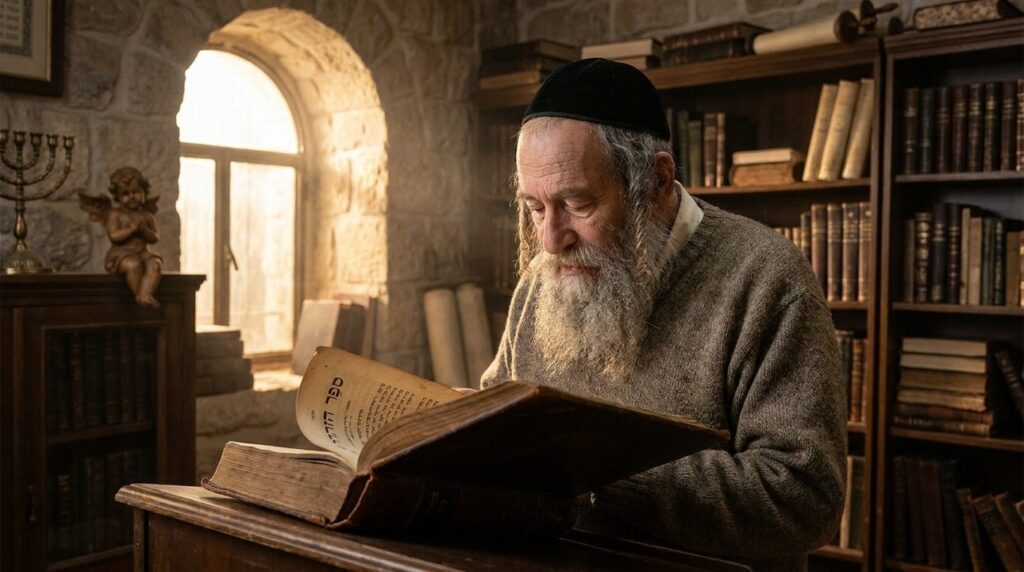 Elderly Jewish man reading the Zohar in a dimly lit room.