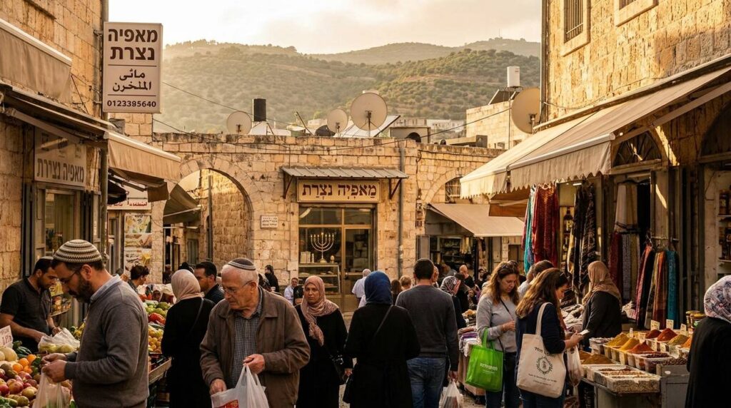 Bustling Nazareth street scene with shoppers, menorah, and kippas visible.