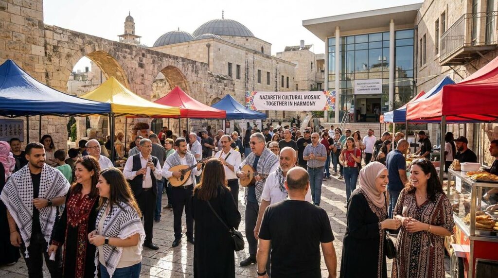 Diverse crowd at Nazareth festival, historical and modern buildings in background.