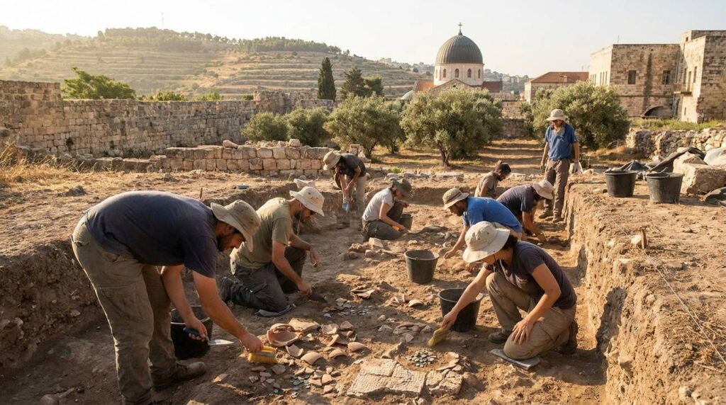 Archaeologists excavating Roman and Byzantine artifacts in Nazareth.