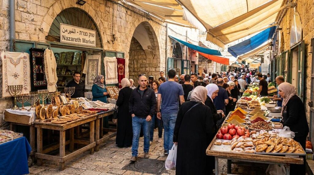 Bustling Nazareth market with locals and tourists among colorful stalls.