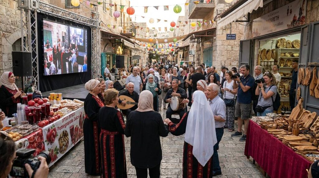 Crowded street in Nazareth with locals celebrating traditional festival.