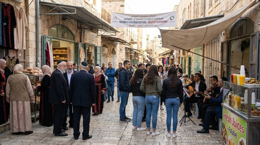 Bustling Nazareth street scene with diverse residents and cultural activities.