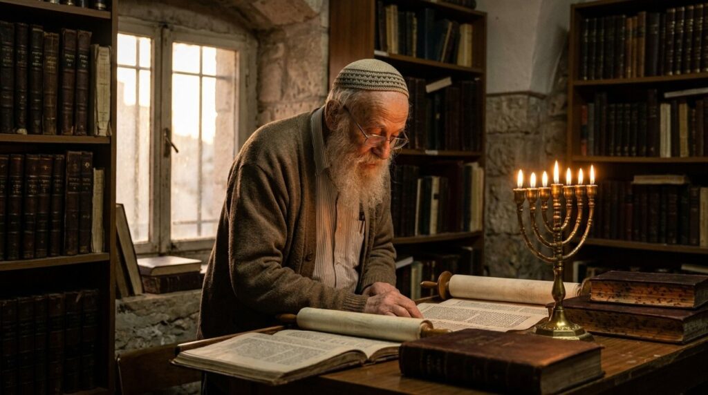 Elderly Jewish scholar studying ancient texts by a lit menorah.