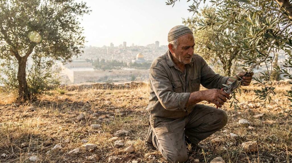 Elderly Jewish man in kippah tending olive trees near Jerusalem.