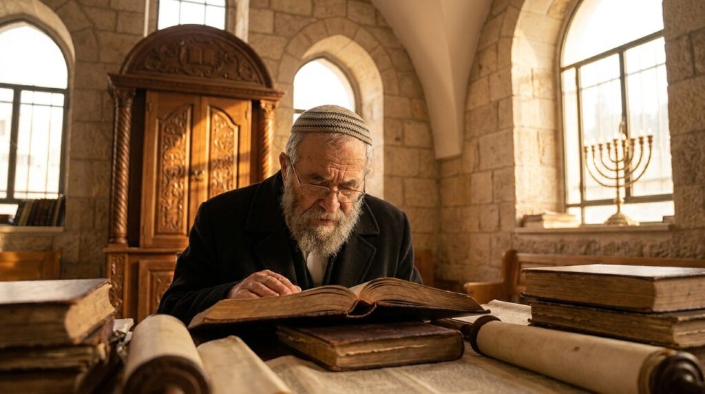 Elderly Jewish man studying ancient texts in a historic synagogue.