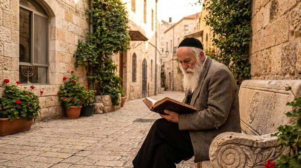 Elderly Jewish man in Jerusalem reads a book on stone bench.