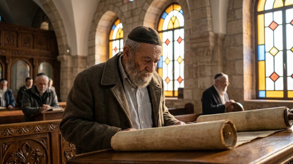 Elderly Jewish man reading ancient texts in Jerusalem synagogue.