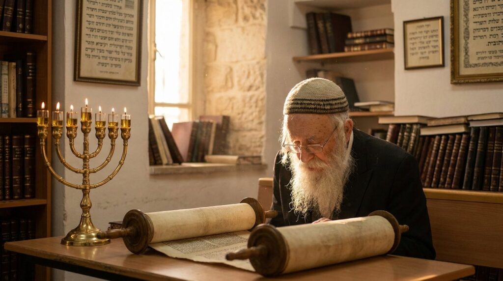 Elderly rabbi reading Torah in a study filled with texts.