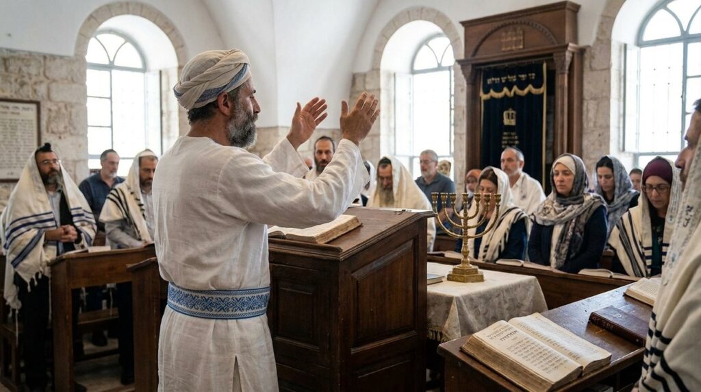 Kohen in traditional garments performs ritual in Jerusalem synagogue.