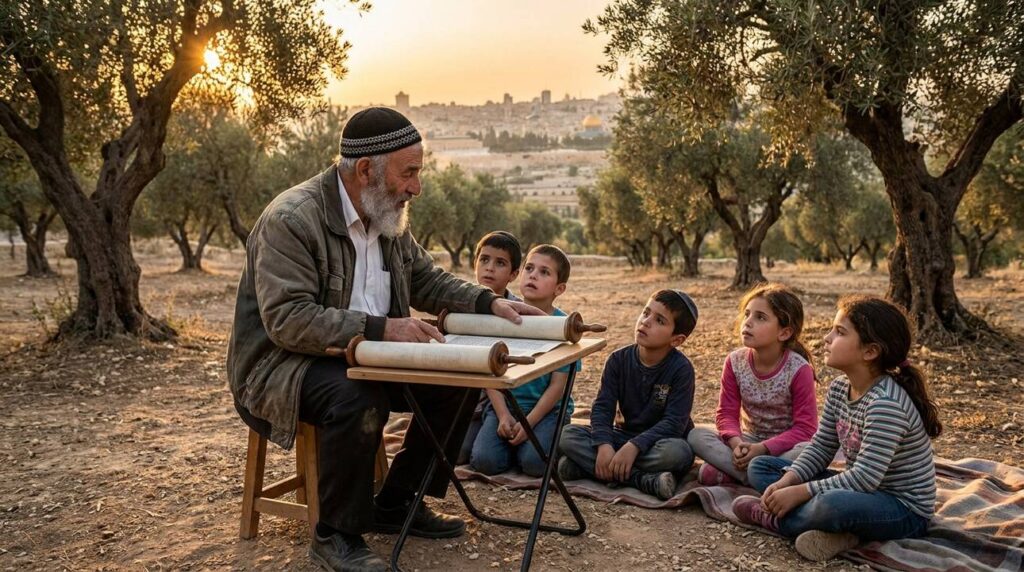 Elderly Jewish man teaches children in olive grove near Jerusalem.