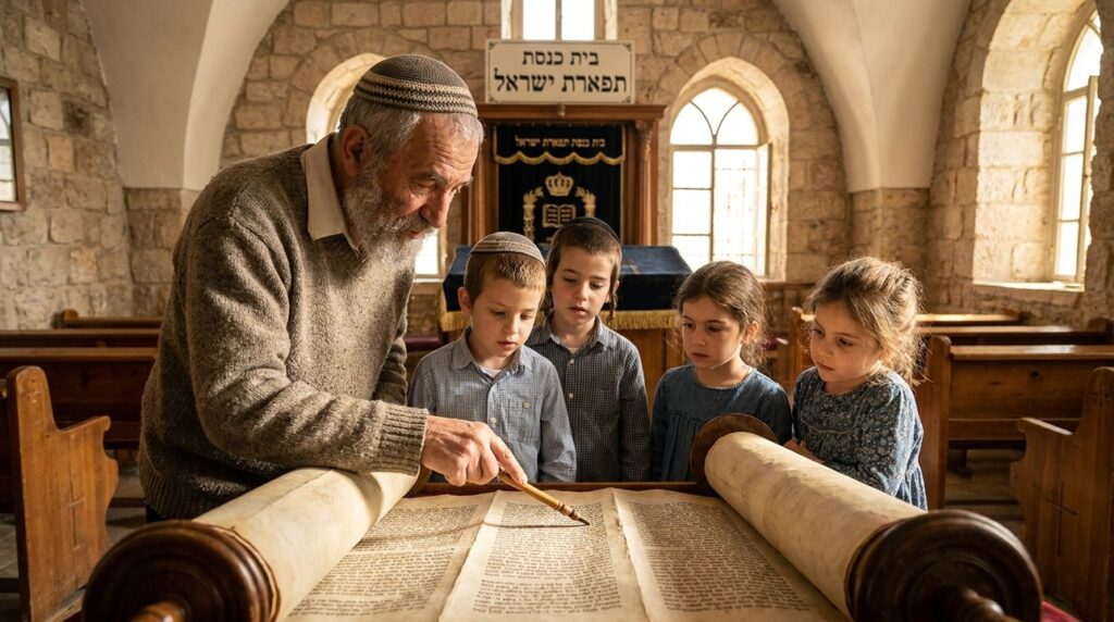 Elderly Jewish man teaching children about the Torah in synagogue.