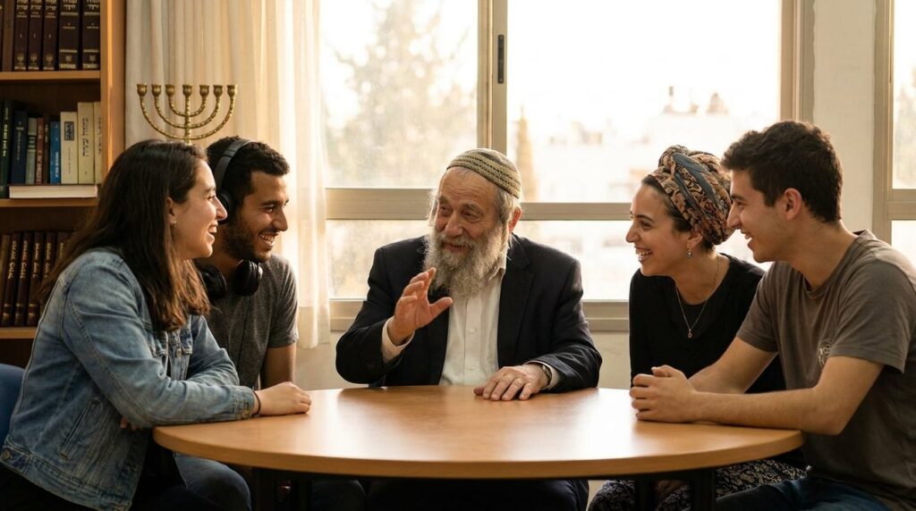 Elderly man in kippah discusses with youths in Jerusalem center.