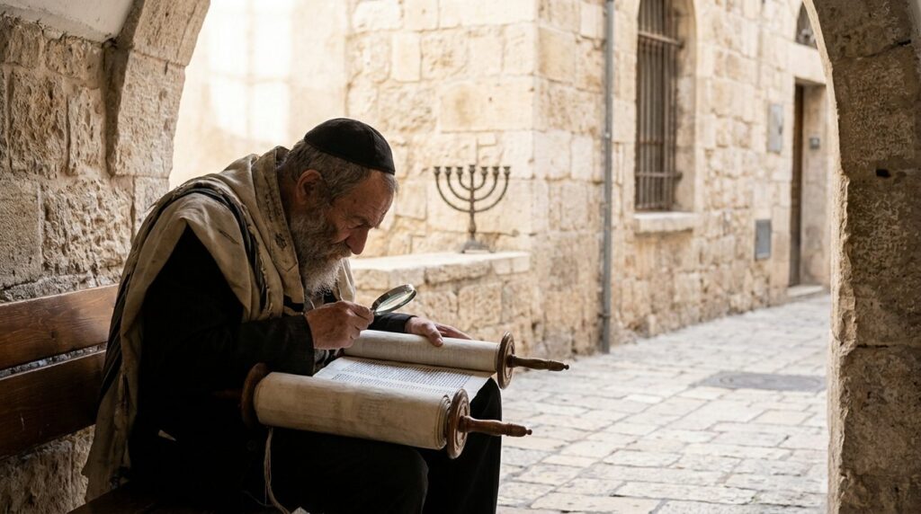 Elderly Jewish man reading the Torah in Jerusalem's old city.