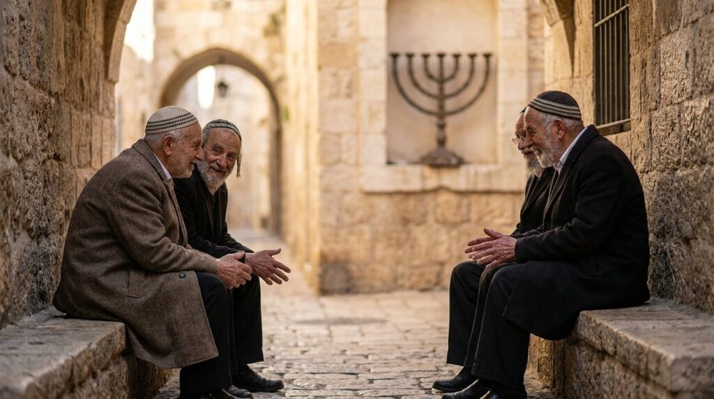 Elderly Jewish men discussing under dawn light in Jerusalem.