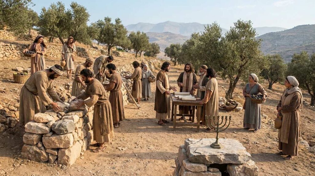 Israelites in period attire building and discussing in ancient Canaan.