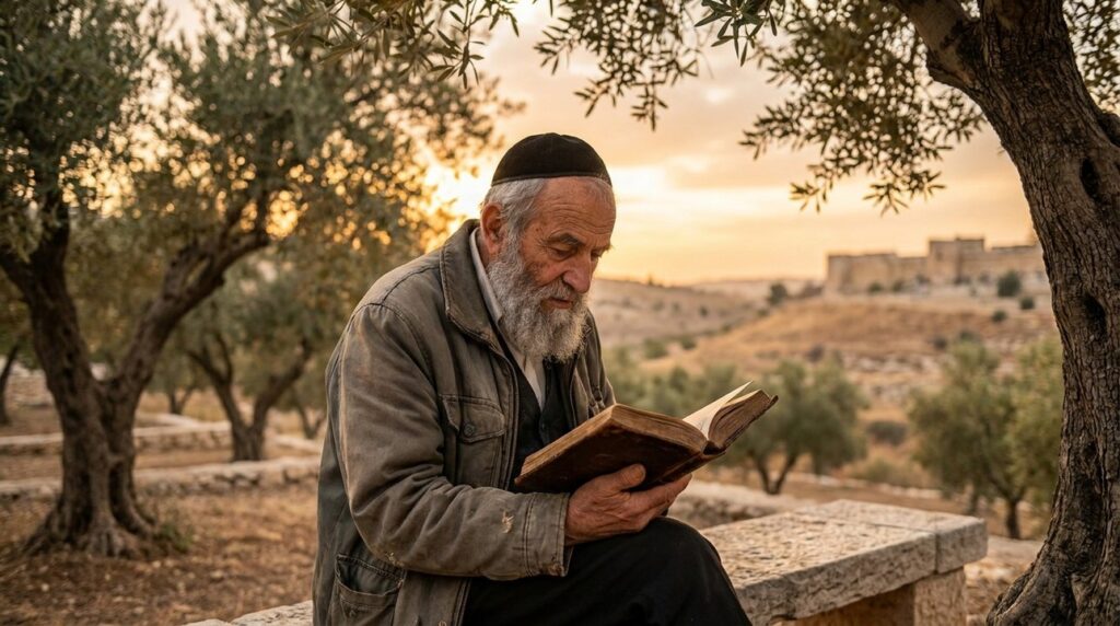 Elderly man in Jewish attire reading scriptures in olive grove.