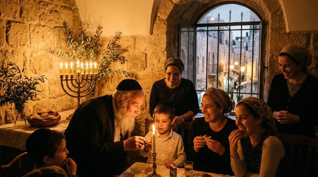 Family lighting menorah during Hanukkah in Jerusalem home.