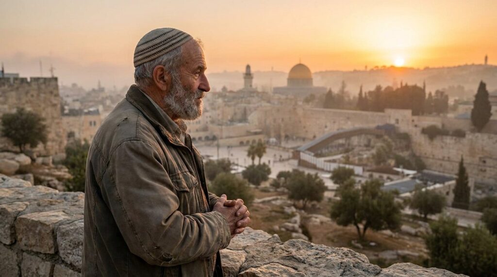 Elderly Jewish man in kippah overlooking sunrise at Mount Moriah.