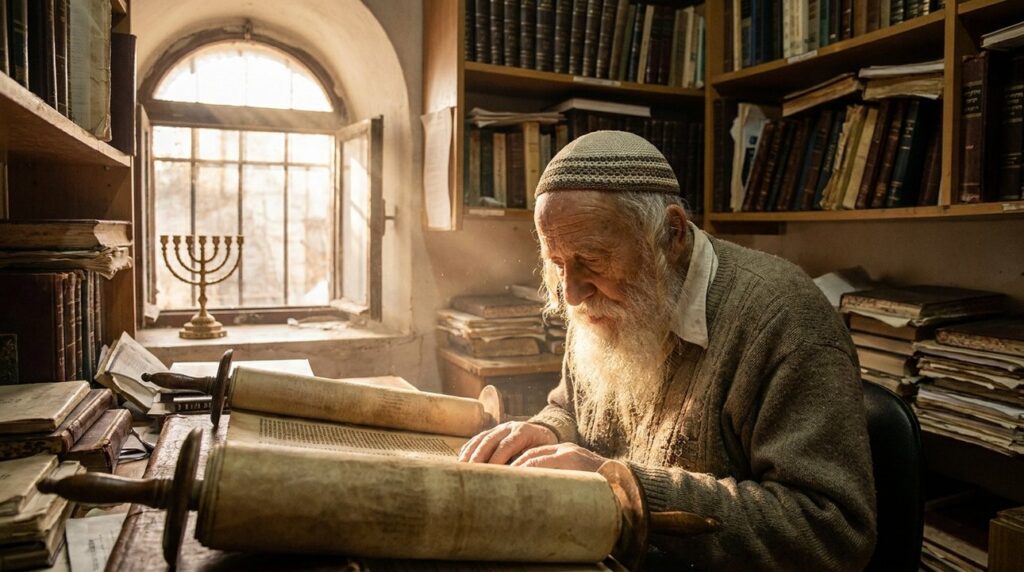 Elderly Jewish man contemplating ancient book in dim, traditional study.