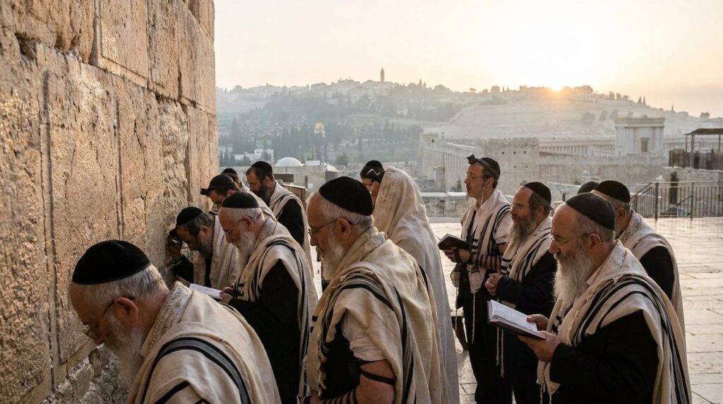 Jewish men praying in traditional attire at Mount Moriah, Jerusalem.