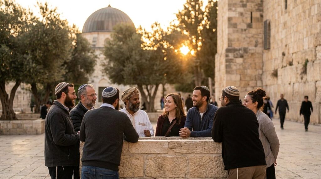 Diverse group conversing at Mount Moriah in Jerusalem at sunset.