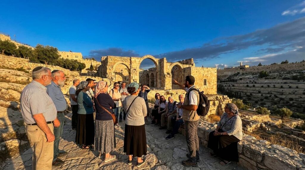 Group of people on educational tour at Mount Moriah listening to guide.
