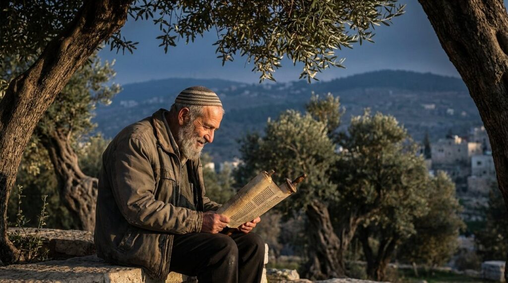 Elderly Jewish man in kippah reading Torah in olive grove.