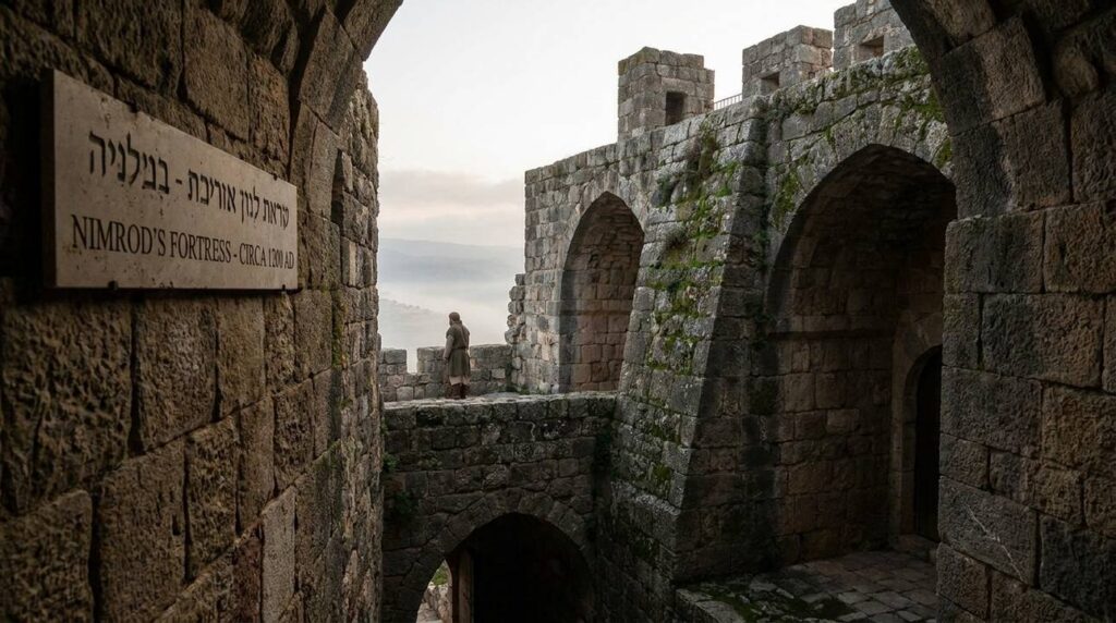 Early morning light illuminating the textured stones of Nimrod Castle.