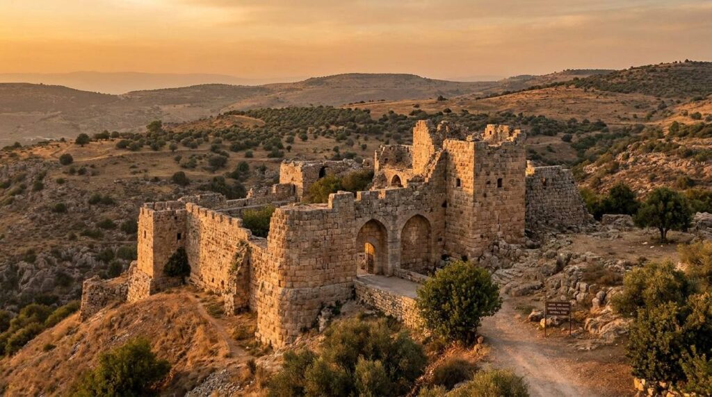 Nimrod Castle during golden hour, surrounded by rugged hills.