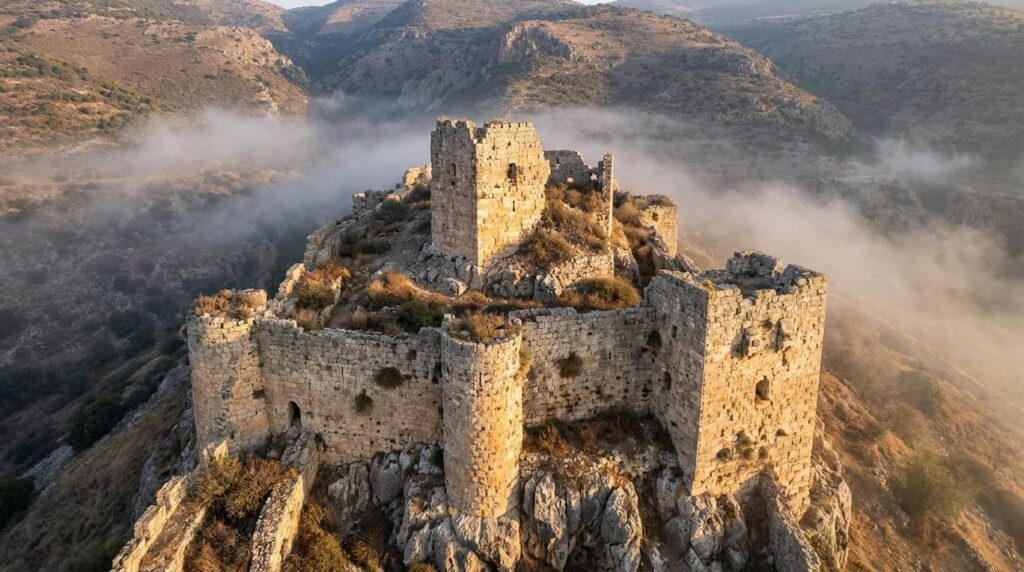 Nimrod Castle at sunrise with golden light, fog, and rugged landscape.